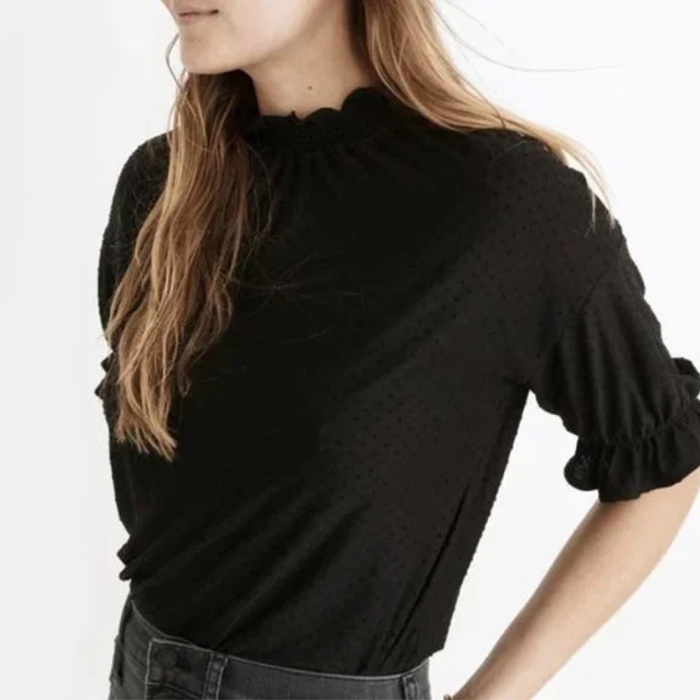 MADEWELL Black 3/4 Sleeve High Neck Clipdot Ruffle top